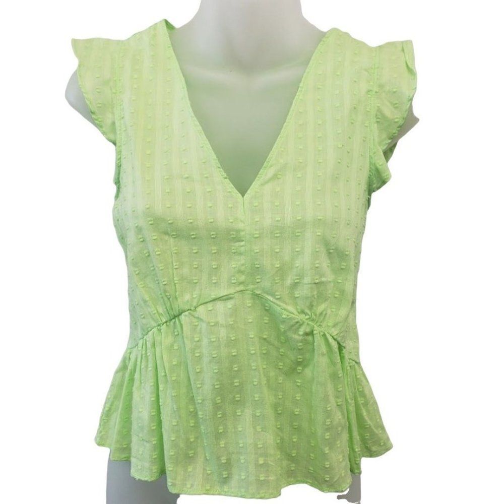 BCBGeneration Ruffled Blouse Top Women's XS Lime Green‎ Cotton V-NeckNEW
